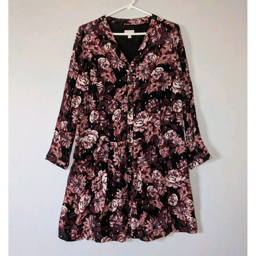 Garnet Hill Womens 6 Drop Waist Button Up Dress Black Floral Gold Metallic Boho